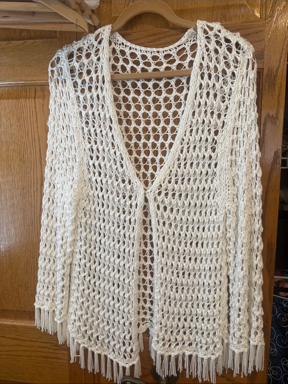 Chico's Open-Weave Fringe Cardigan — Cream